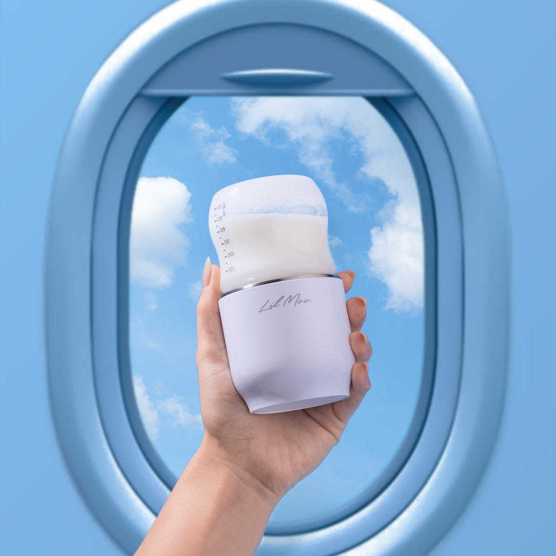 Mum feeding a warmed baby bottle to her baby on a plane