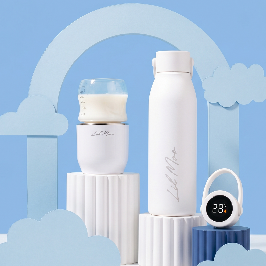 Parent warming a baby bottle on the go with a Lil Moo portable bottle warmer