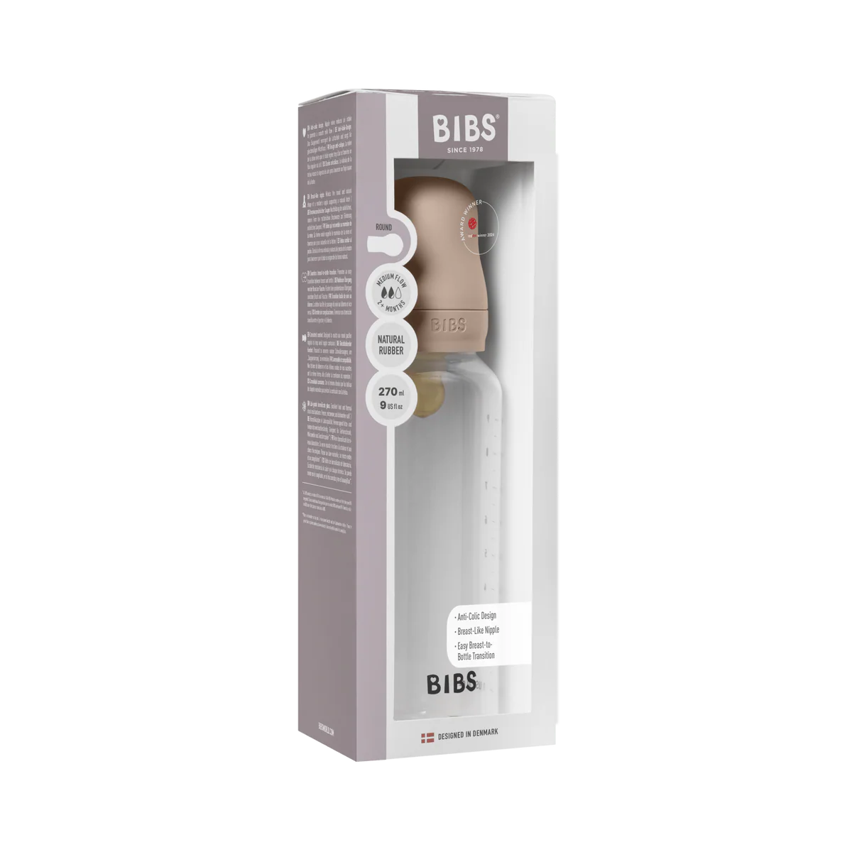 BIBS Plastic Bottle, BPA Free plastic 270ml Latex - Blush